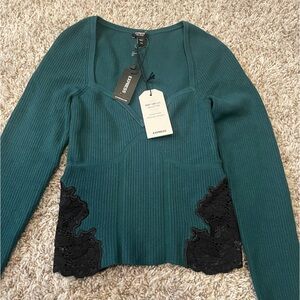 Size XXS Express top in dark teal color and black lace detail. New with tags!!